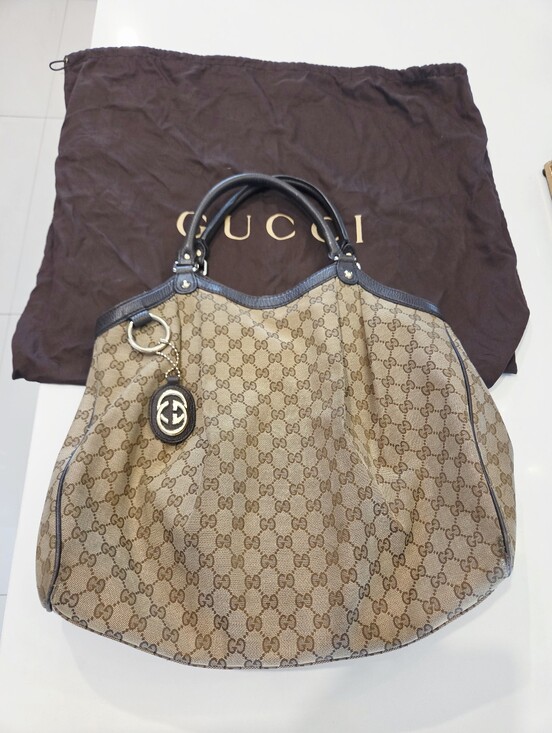 Gucci Handbags - Gucci Beige Brown GG Canvas Tote with Dark Brown Trim